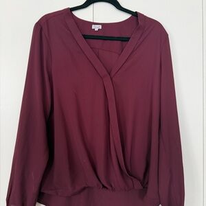 Kismet Burgundy Surplice Wrap Blouse Large Flowy Long Sleeve Career Top Size L